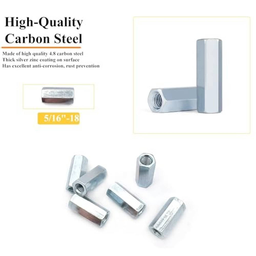 Silver 5/16-18 hex coupling nuts, carbon steel style, single nut and set