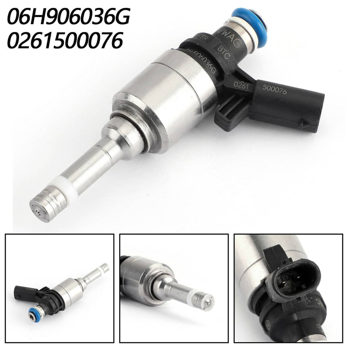 Single silver fuel injector with blue seal, black connector, and part markings