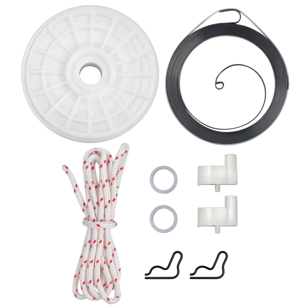 Recoil starter pulley spring assembly kit with white pulley, black spring, and hardware parts