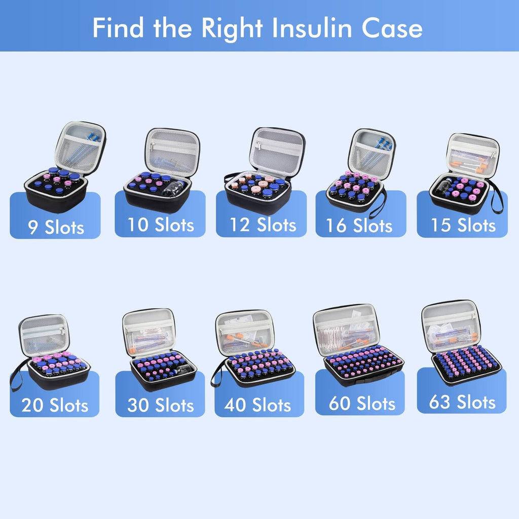 Insulin vial case lineup featuring a black 12-slot case among other sizes