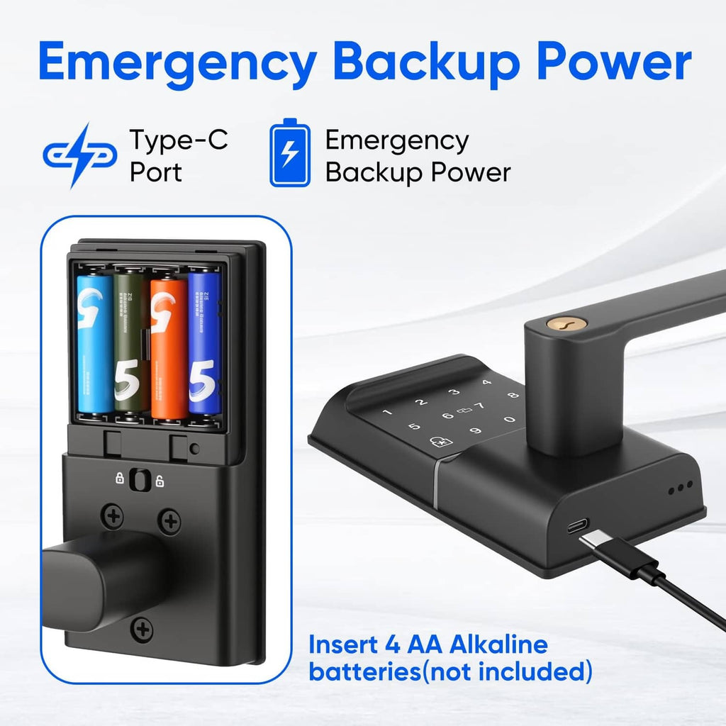Smart keypad door lock with emergency backup power, Type-C port and battery compartment shown