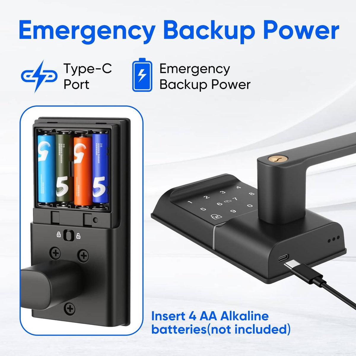 Smart keypad door lock with emergency backup power, Type-C port and battery compartment shown