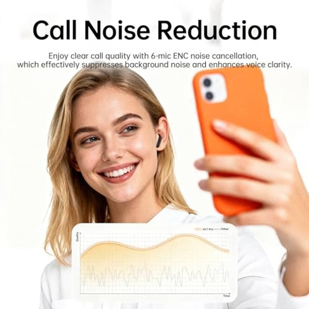 Black wireless earbud in a woman’s ear, with orange smartphone in hand