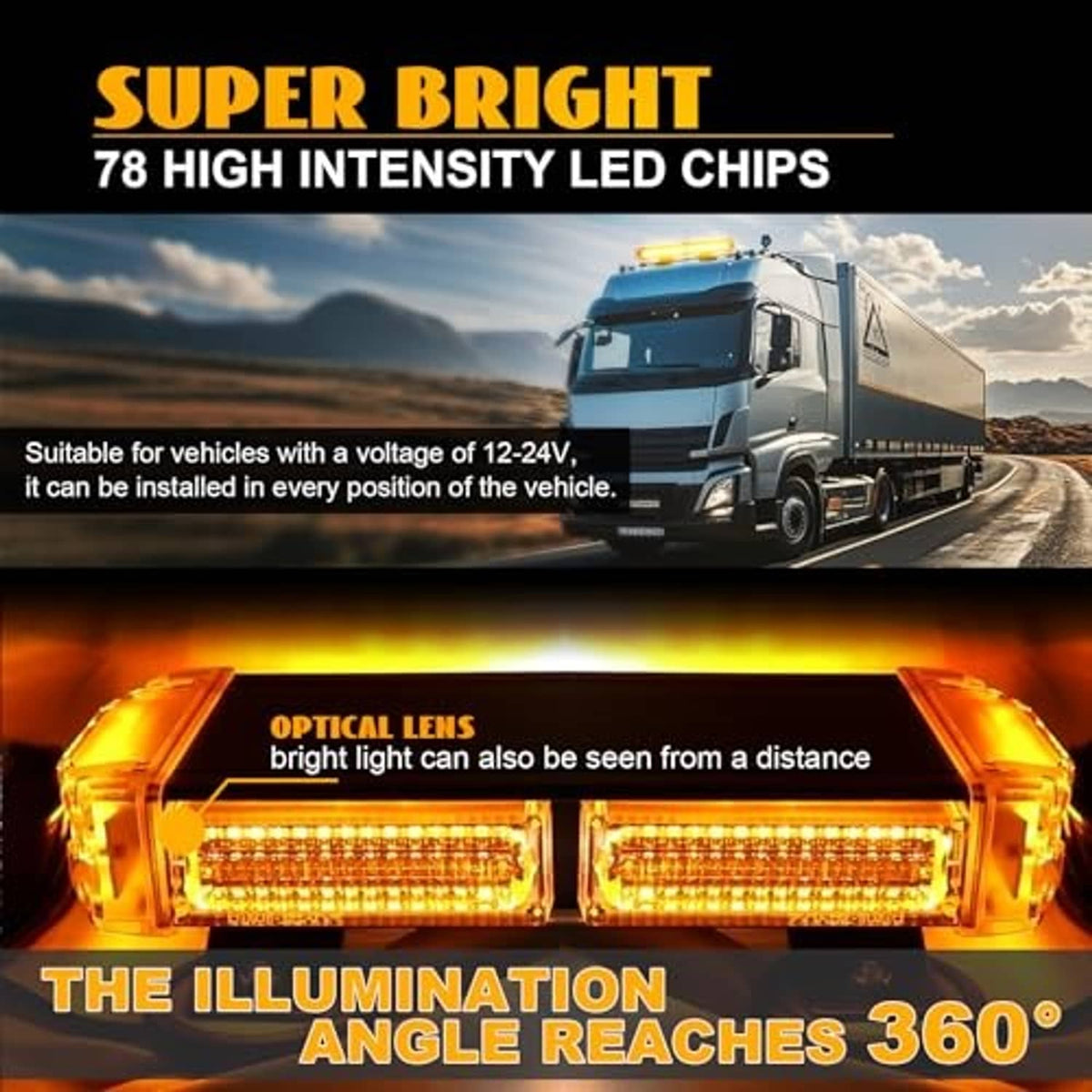 Lit amber rooftop emergency strobe light bar with clear cover and high-intensity LEDs