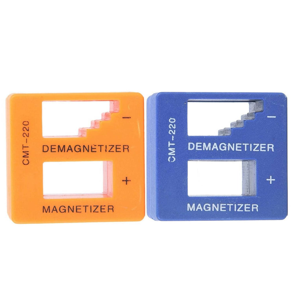Orange and blue magnetizer/demagnetizer cubes with tool channels and +/- signs