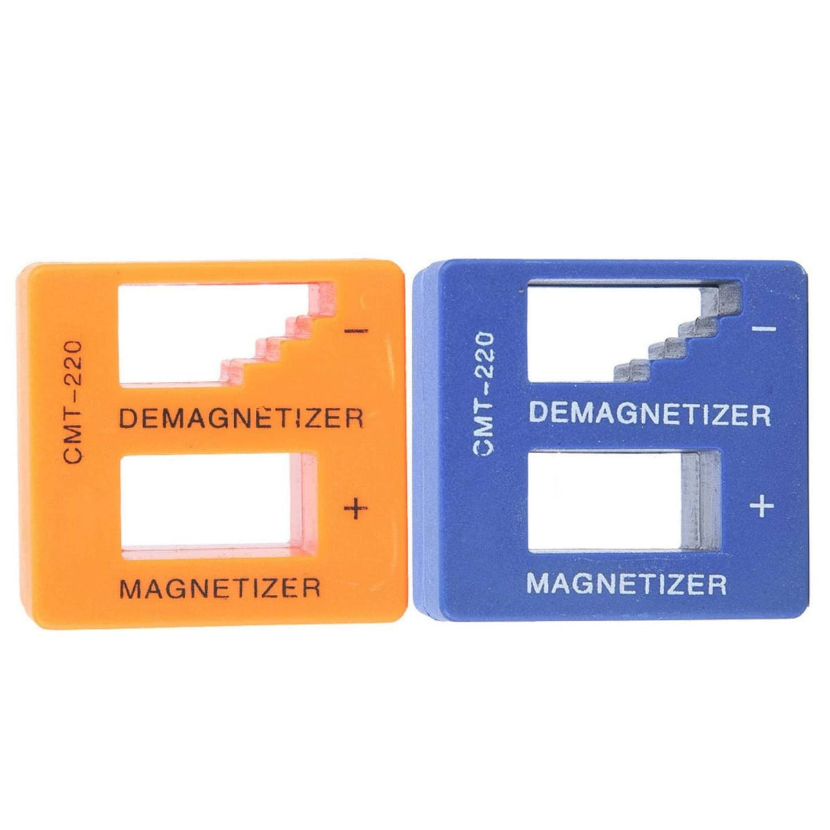 Orange and blue magnetizer/demagnetizer cubes with tool channels and +/- signs