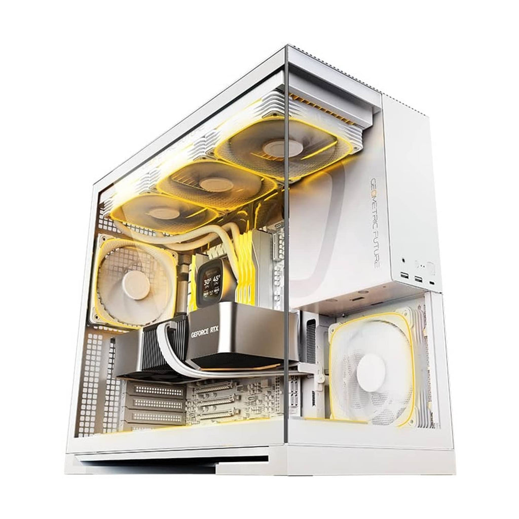 White tempered-glass mid-tower PC case with RGB fans and open motherboard bay