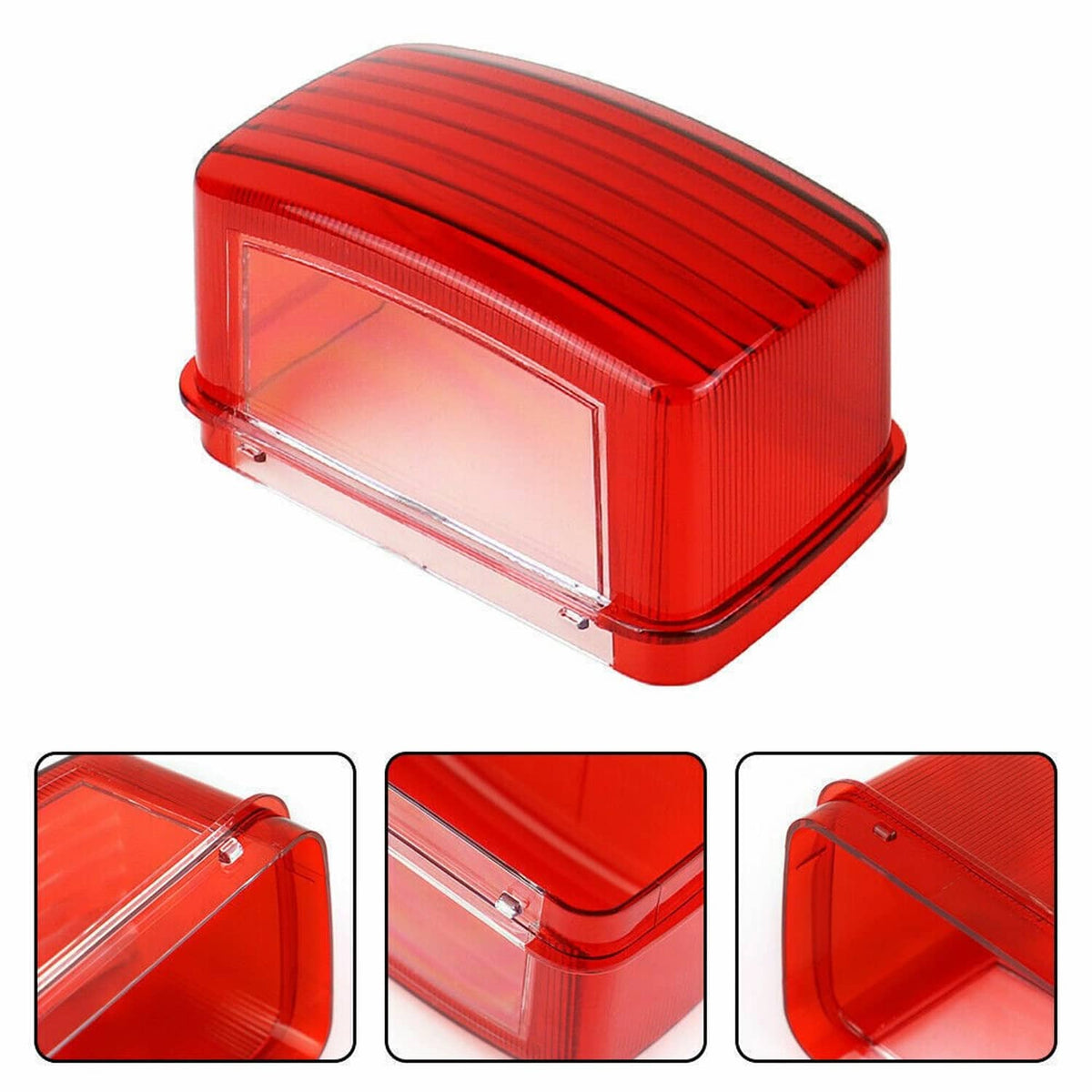 Red tail light lens with ribbed red housing and clear inner section