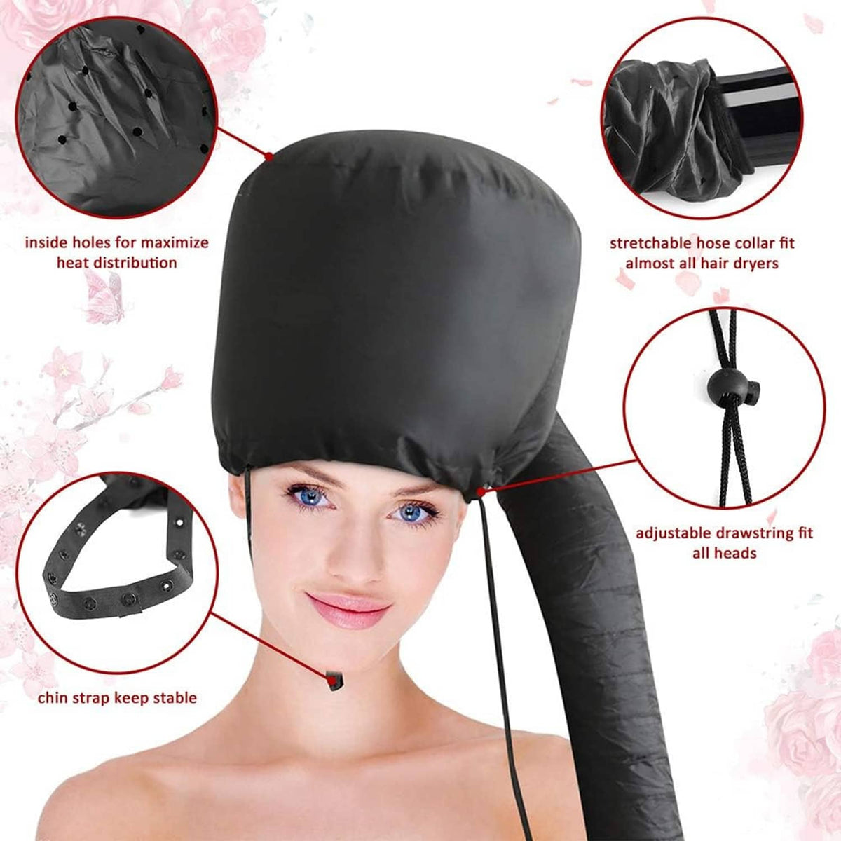 Black hair dryer bonnet hood with chin strap, adjustable drawstring, and inner vent holes