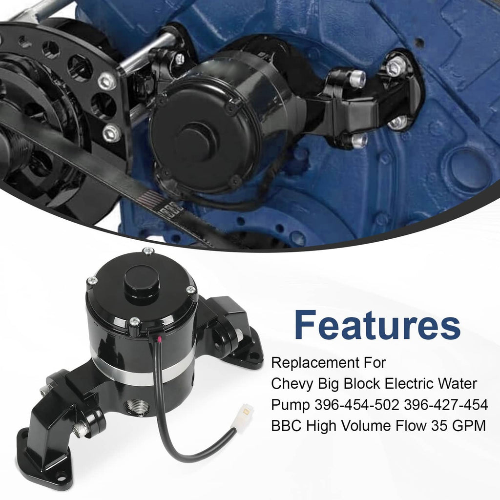 Electric water pump mounted on engine bay with black pump body and hoses