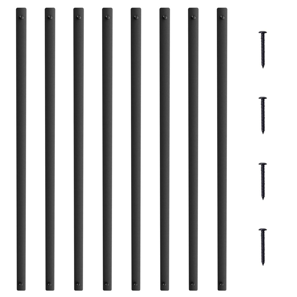 Matte black aluminum deck baluster spindles with screw hardware, straight bars