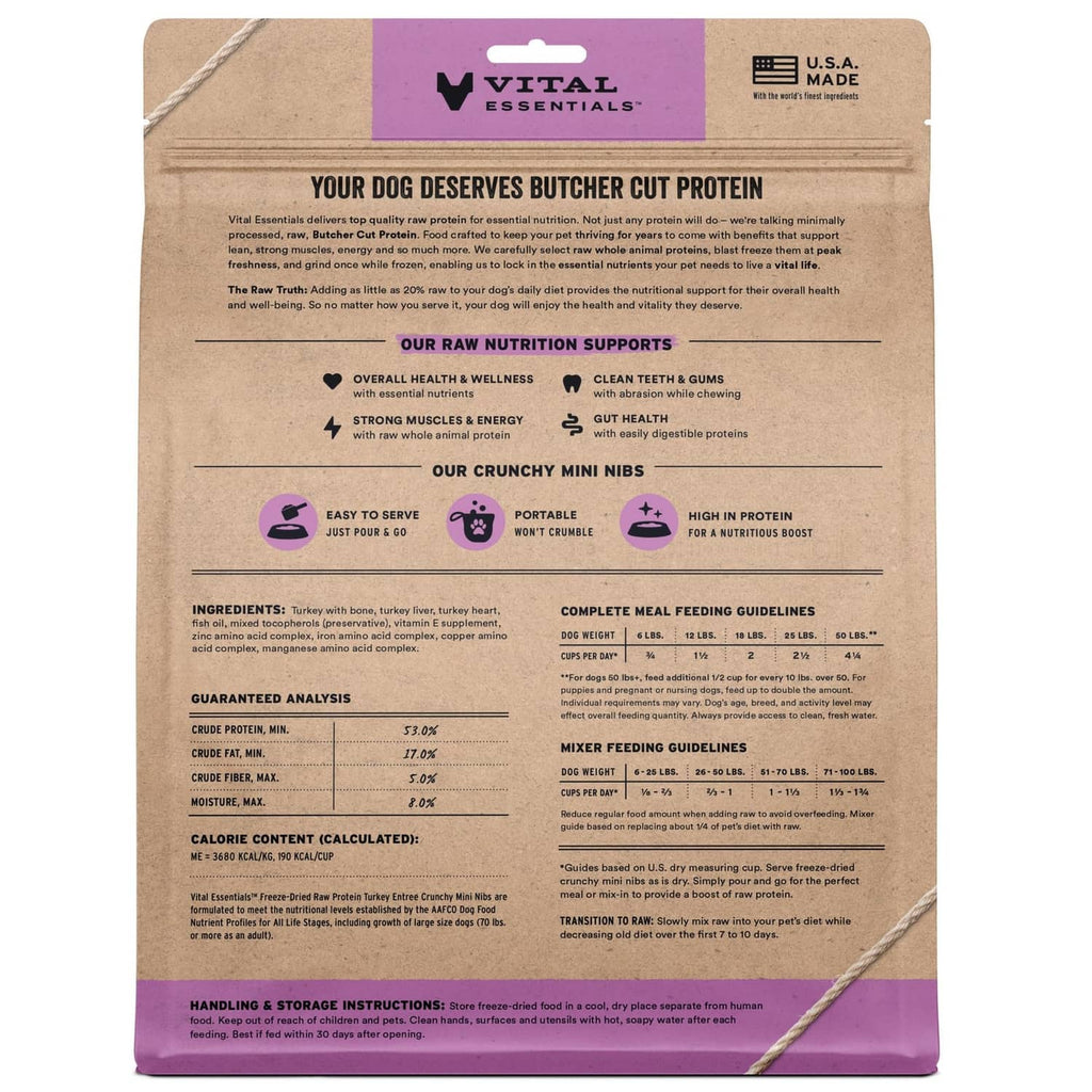 Freeze-dried dog food pouch back with nutrition supports and feeding guidance text