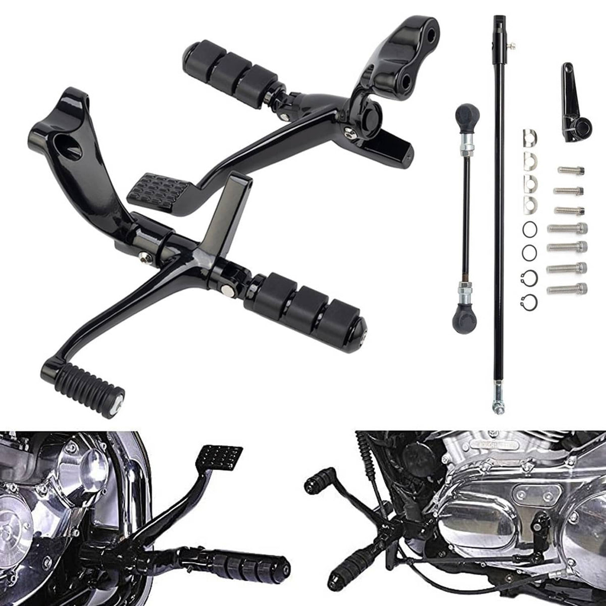 Black forward control foot pegs and lever kit with linkages and mounting hardware