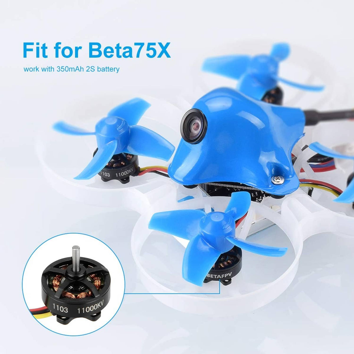 1103 brushless FPV motors mounted on a blue quad frame