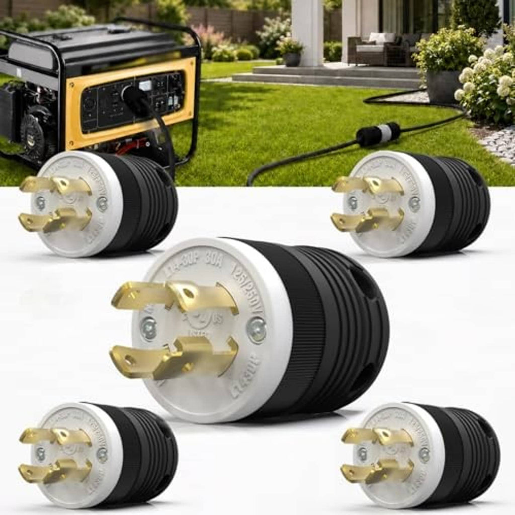 Twist-lock power plug with white face, brass prongs, and black ribbed housing