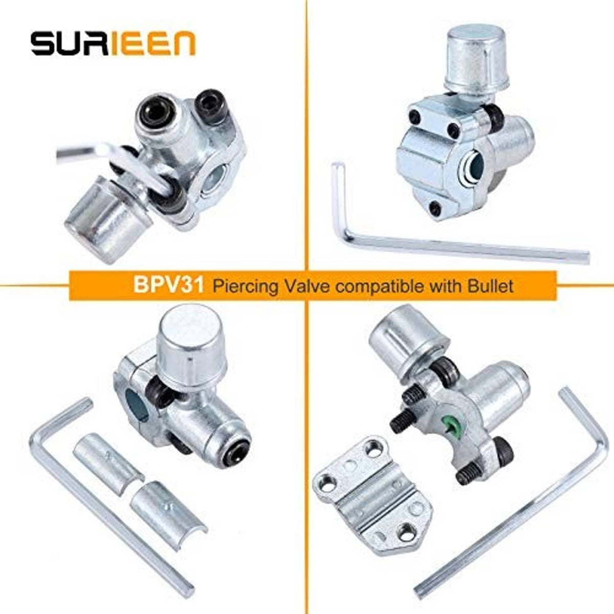 BPV31 piercing valve set with metal body, U tools, and hose connection parts