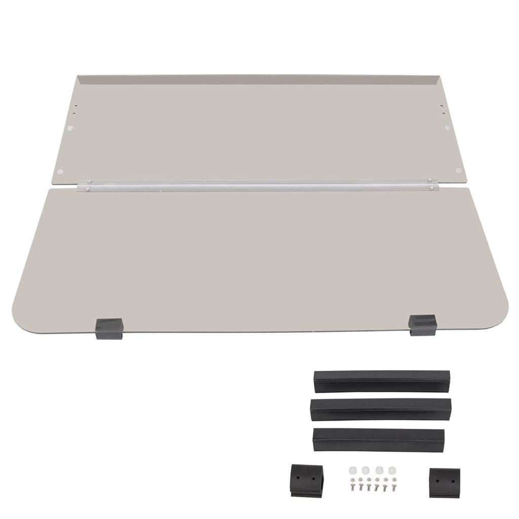 Tinted folding golf cart windshield kit with panel, support bars, and mounting pieces