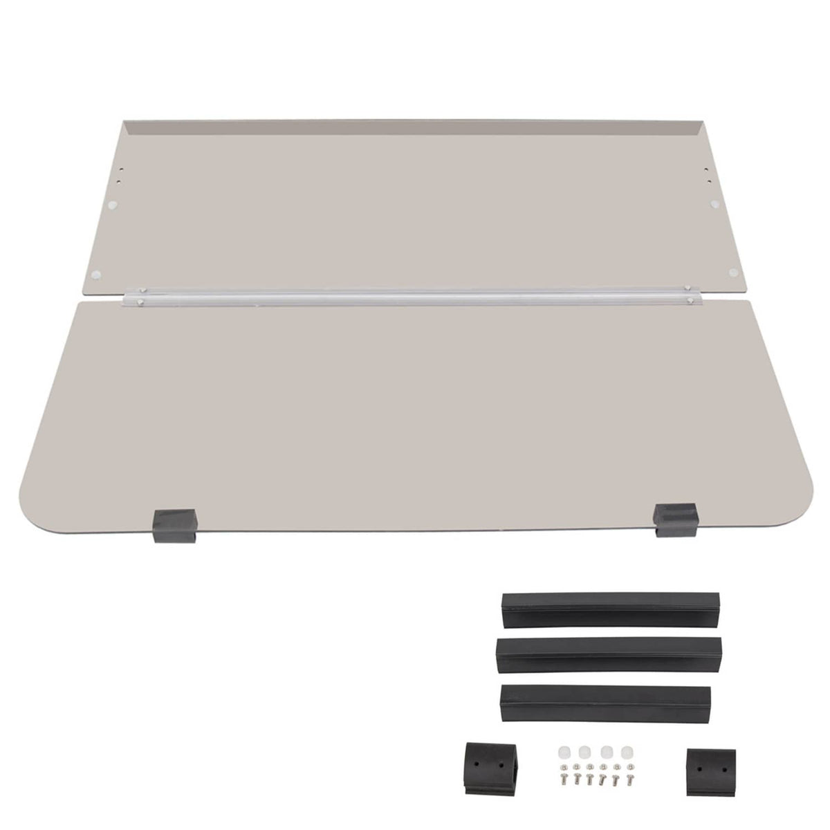 Tinted folding golf cart windshield kit with panel, support bars, and mounting pieces