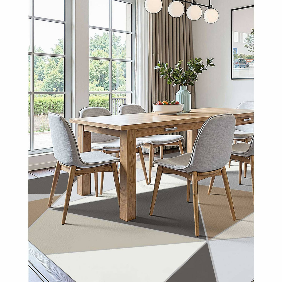 Geometric area rug for indoor use with charcoal gray and beige triangle pattern
