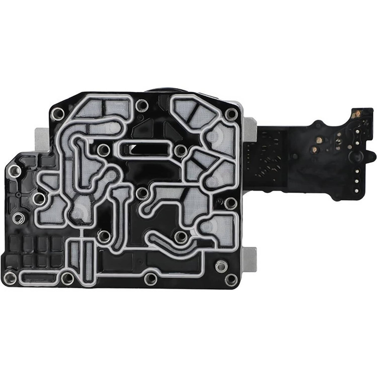 Transmission solenoid pack control module with black-and-silver circuit housing