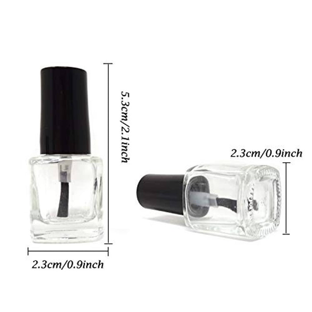 Clear 5ml nail polish bottle with black cap and brush applicator, size shown