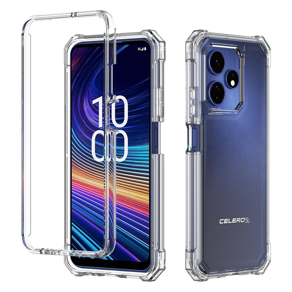 Clear protective phone case showing front and back, button openings and camera cutout
