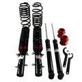 Black coilover shocks with red adjuster rings and coil springs, with mounting hardware