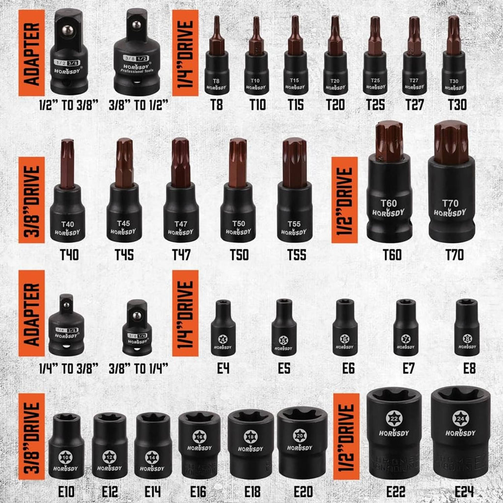 RivetOak HORUSDY 31Pcs Torx Bit Socket Set,14 Star Bits (T8-T70) and 12 One Size