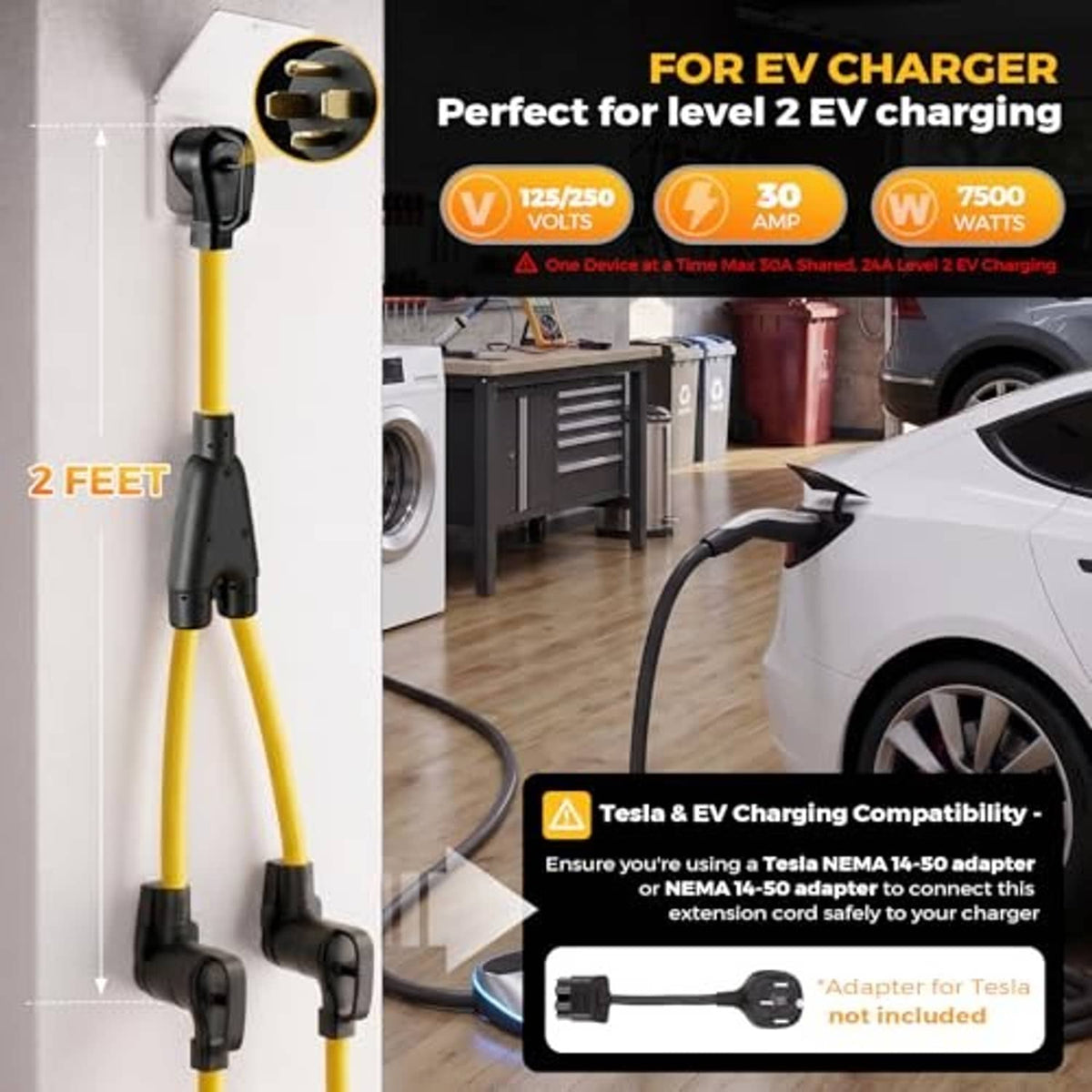 2 ft EV charger splitter adapter cord with two black plug heads and yellow cable