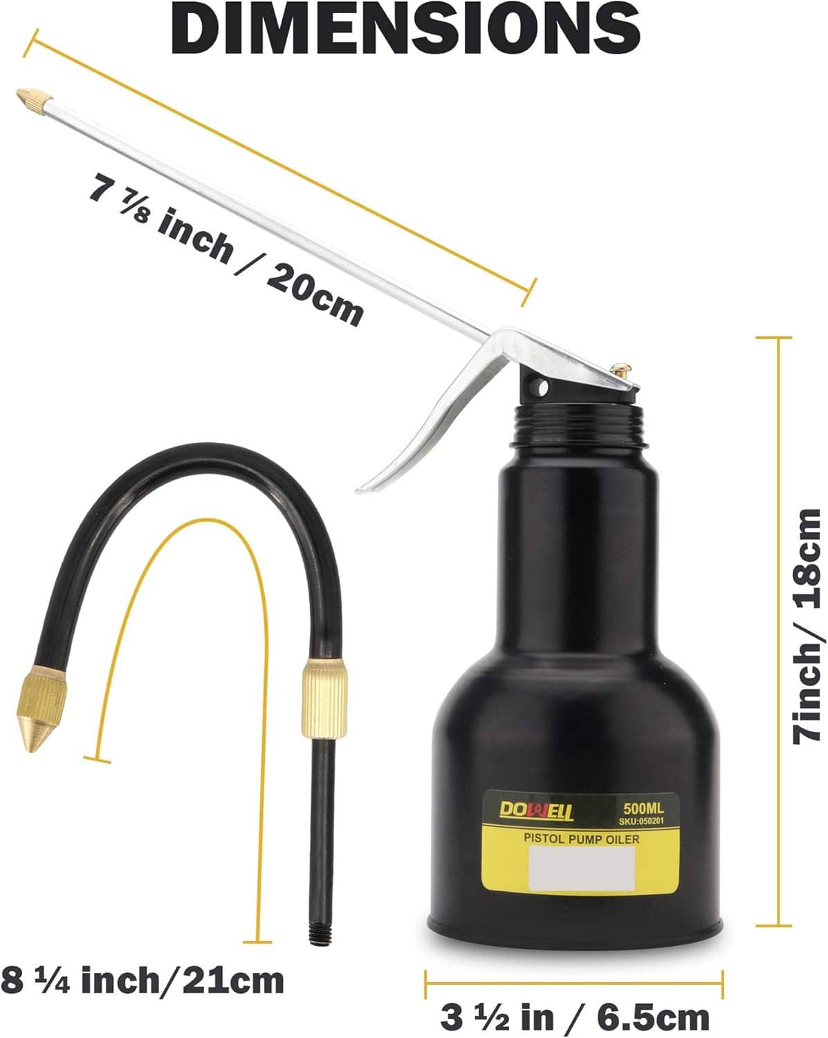 Black metal oil can with pistol trigger handle, curved spout and brass inlet nozzle
