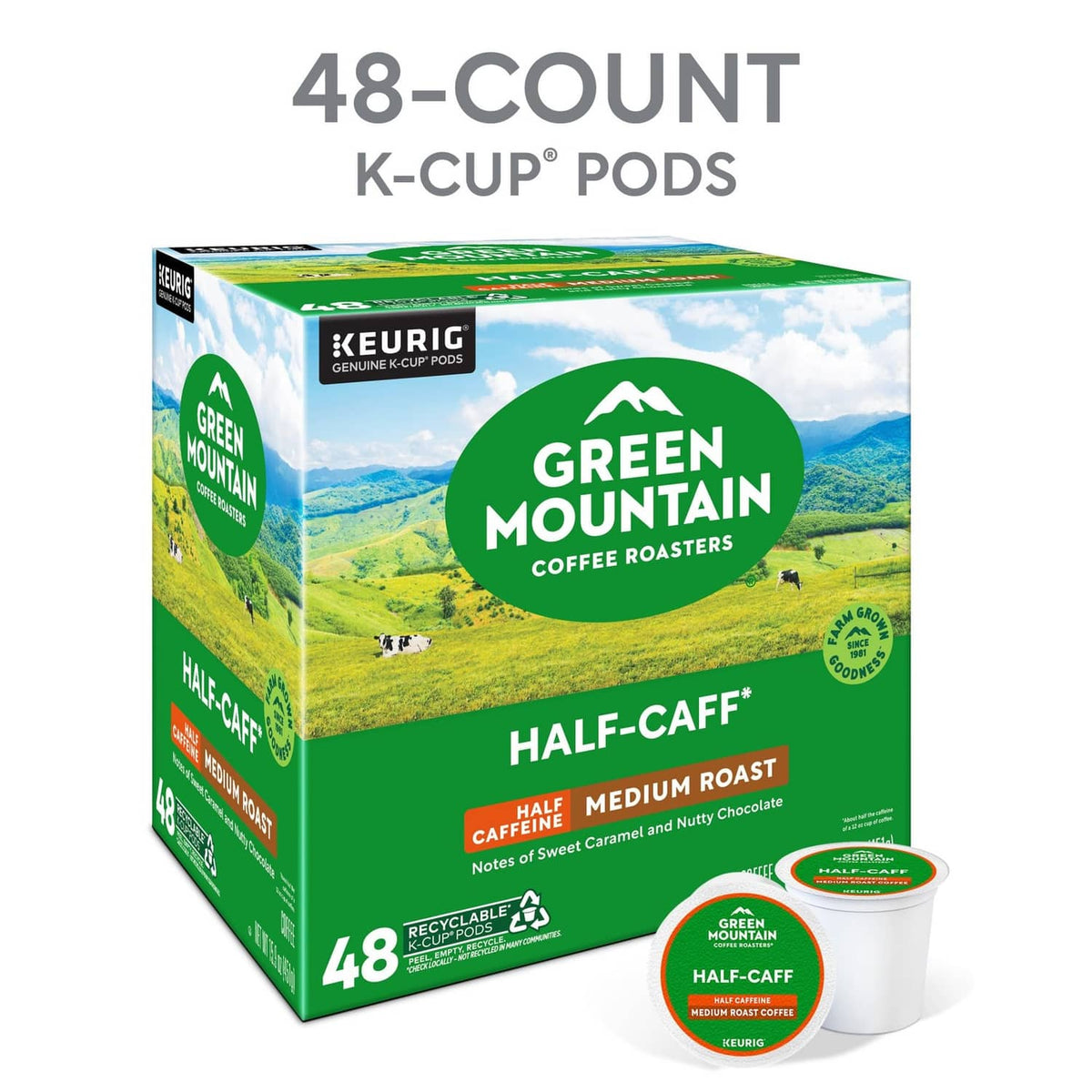 Green Mountain Half-Caff 48-count K-Cup pod box with half-caff pod cup
