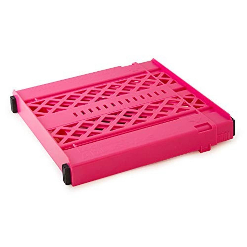Pink perforated locker shelf with raised lip and side locks, adjustable storage tray