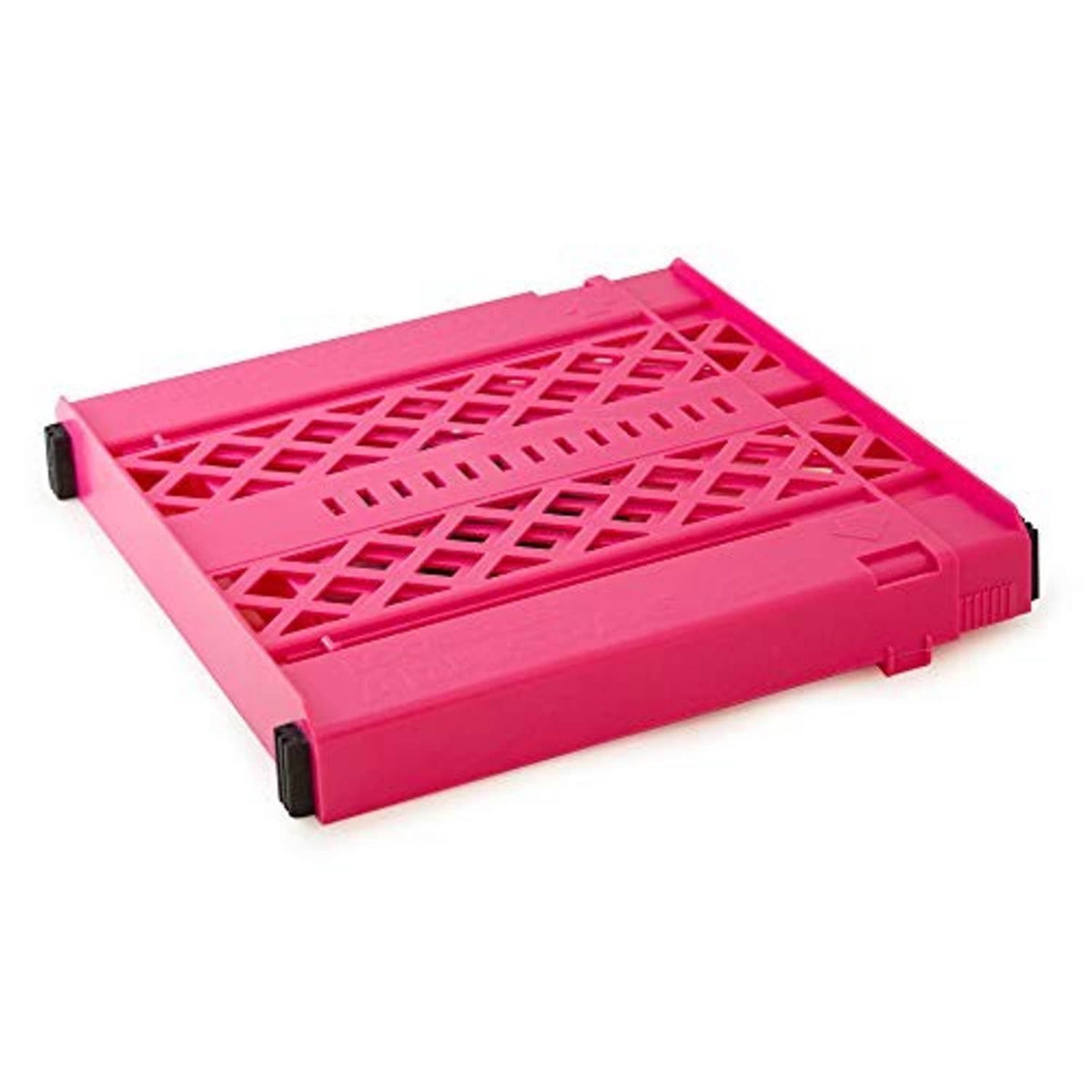 Pink perforated locker shelf with raised lip and side locks, adjustable storage tray