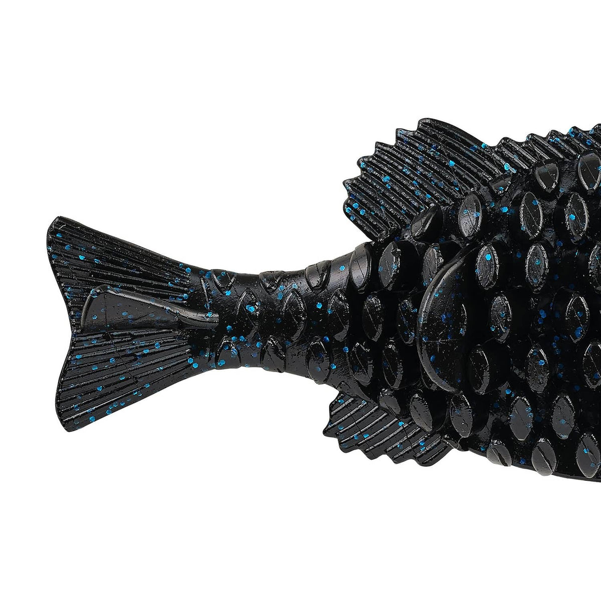 Black soft plastic lure with blue fleck speckles and textured ribbed tail fin.