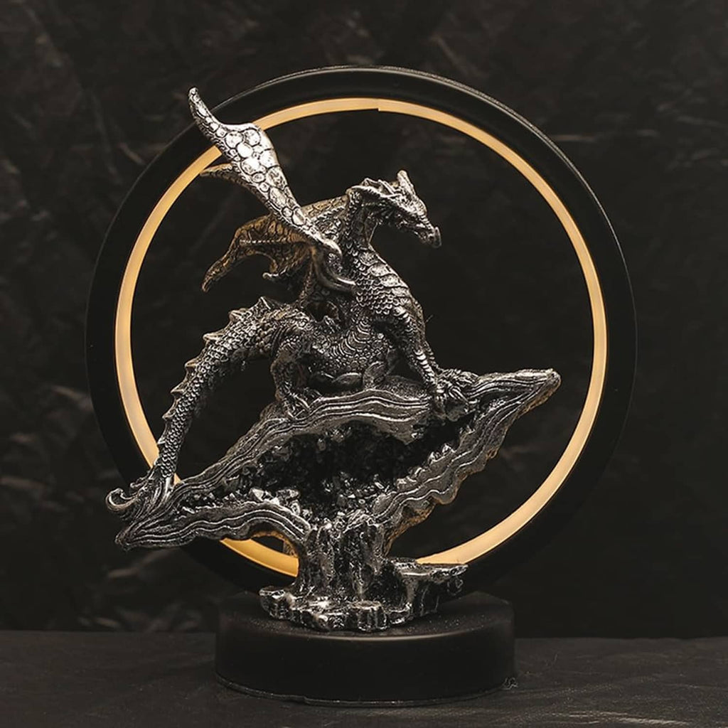 Dragon LED circle lamp with silver dragon sculpture and glowing ring on black base