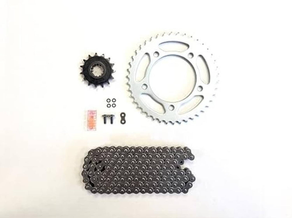 Motorcycle drive chain and sprocket kit with chain, silver sprocket ring, small gear