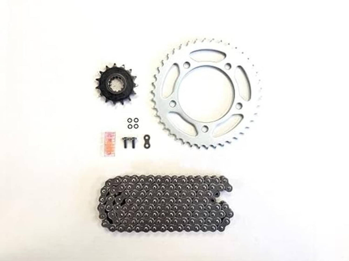 Motorcycle drive chain and sprocket kit with chain, silver sprocket ring, small gear