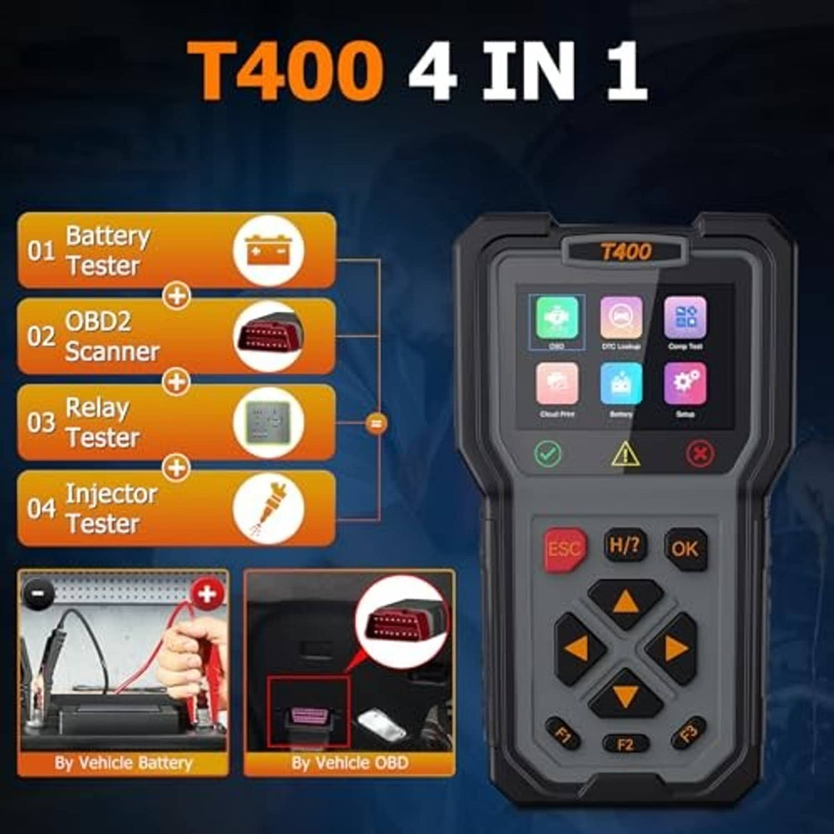 Handheld car diagnostic scanner and battery tester with multi-test icons on its screen