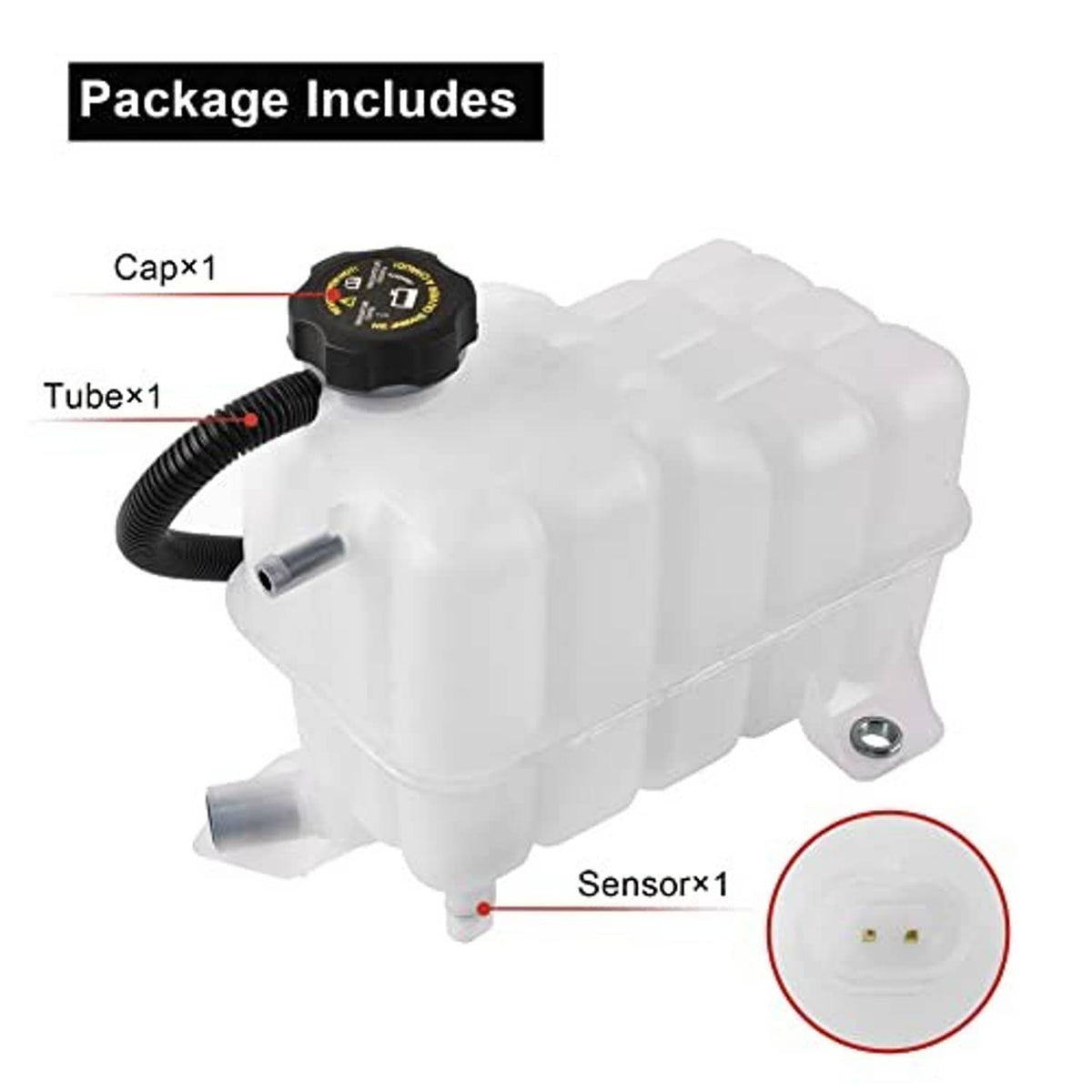 Engine coolant overflow tank with sensor, black cap, and included tube