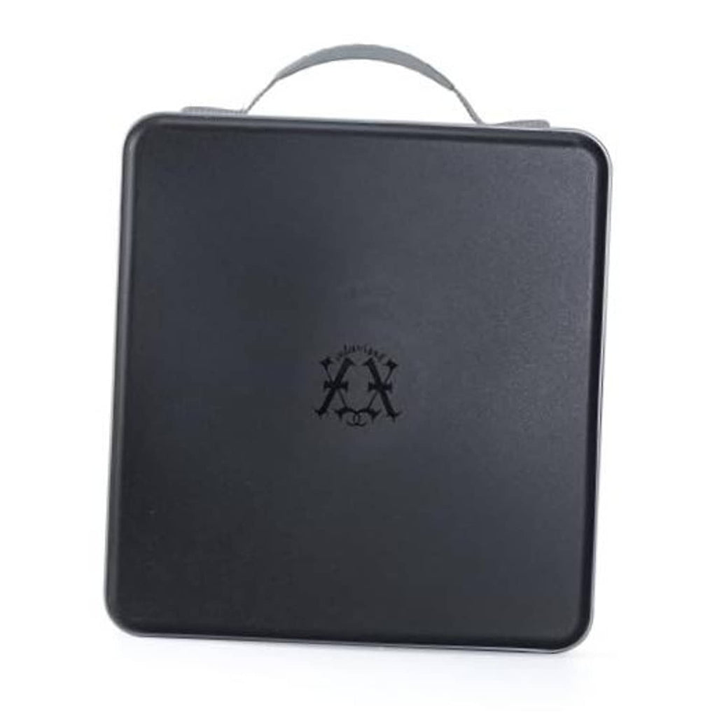 Black hard plastic CD storage case with carry handle and embossed logo