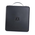 Black hard plastic CD storage case with carry handle and embossed logo