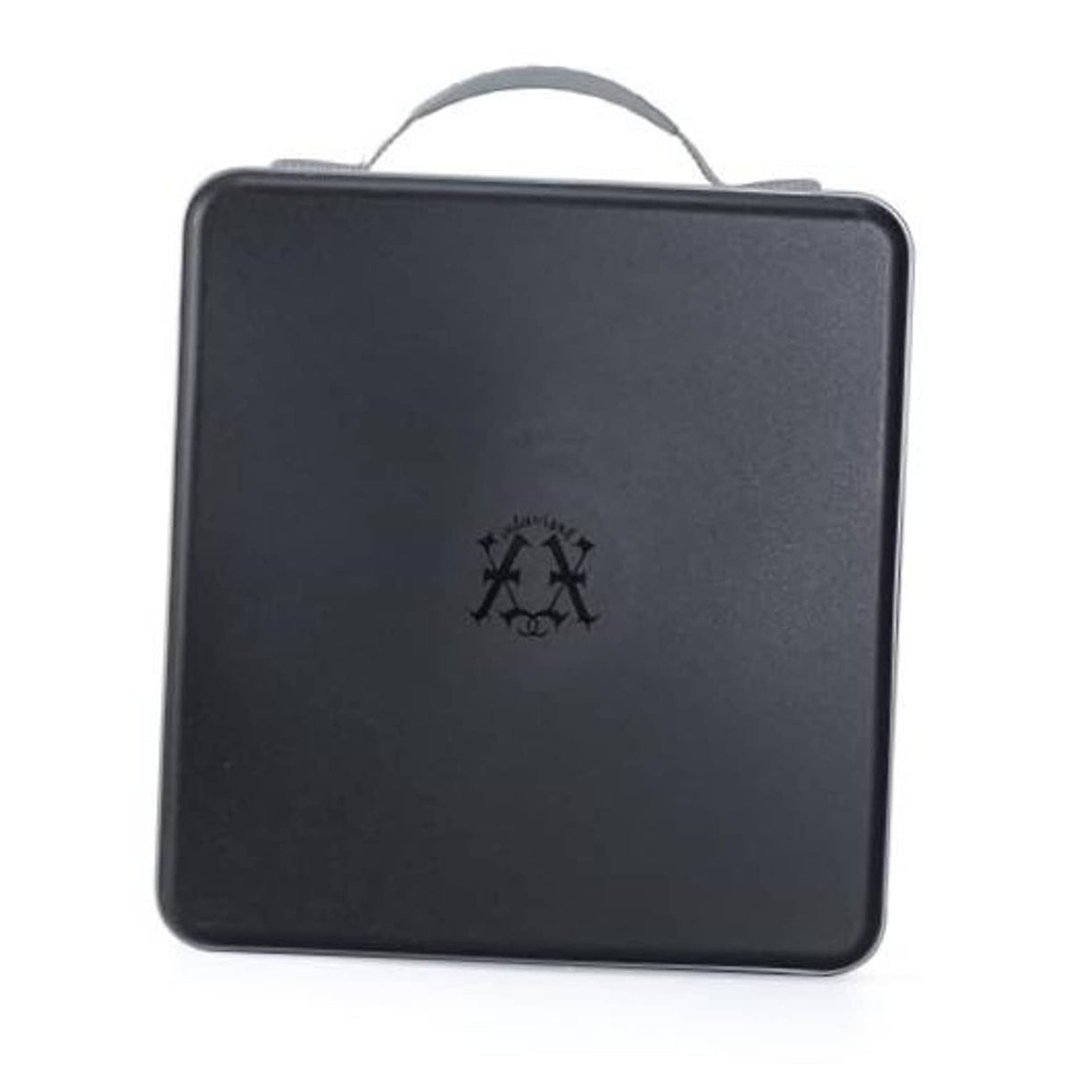 Black hard plastic CD storage case with carry handle and embossed logo