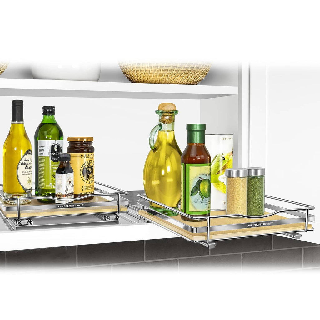 Pull-out spice racks with chrome frame and wood trays, holding bottles and jars