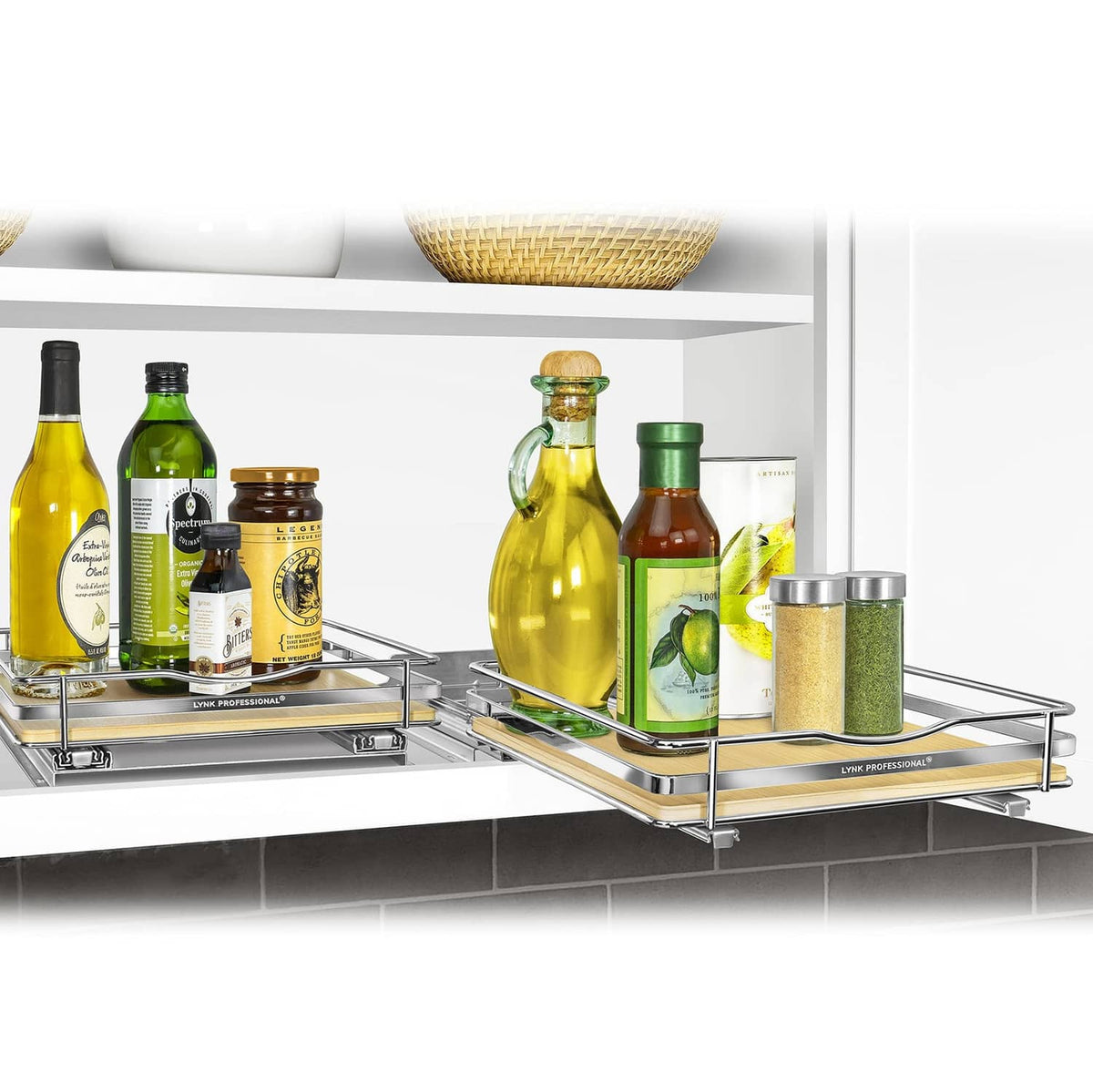 Pull-out spice racks with chrome frame and wood trays, holding bottles and jars