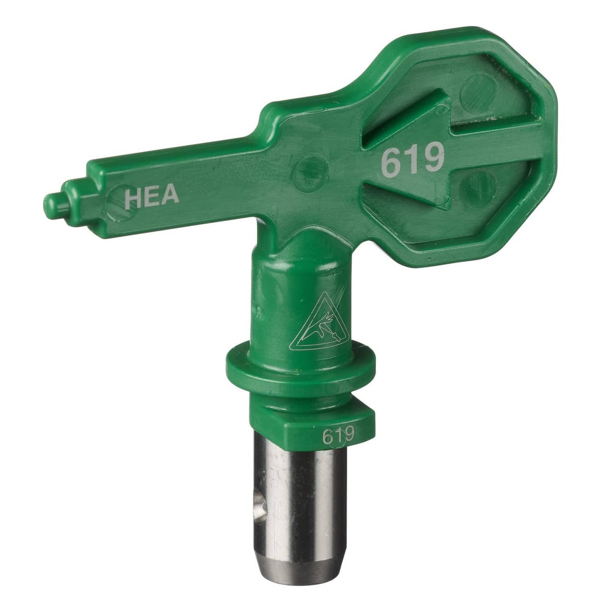 Green HEA reversible airless spray tip 619 close-up, angled view