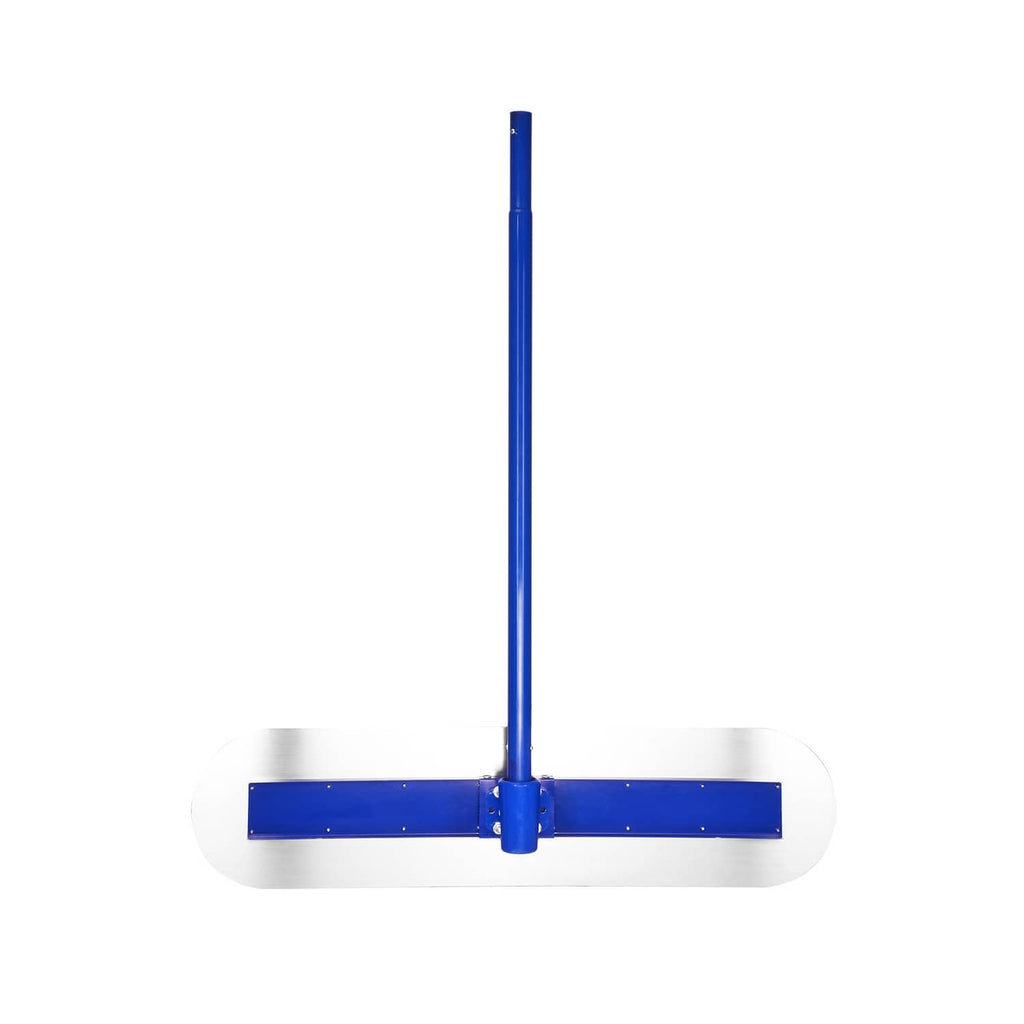 Concrete bull float with blue rounded float blade and central handle post