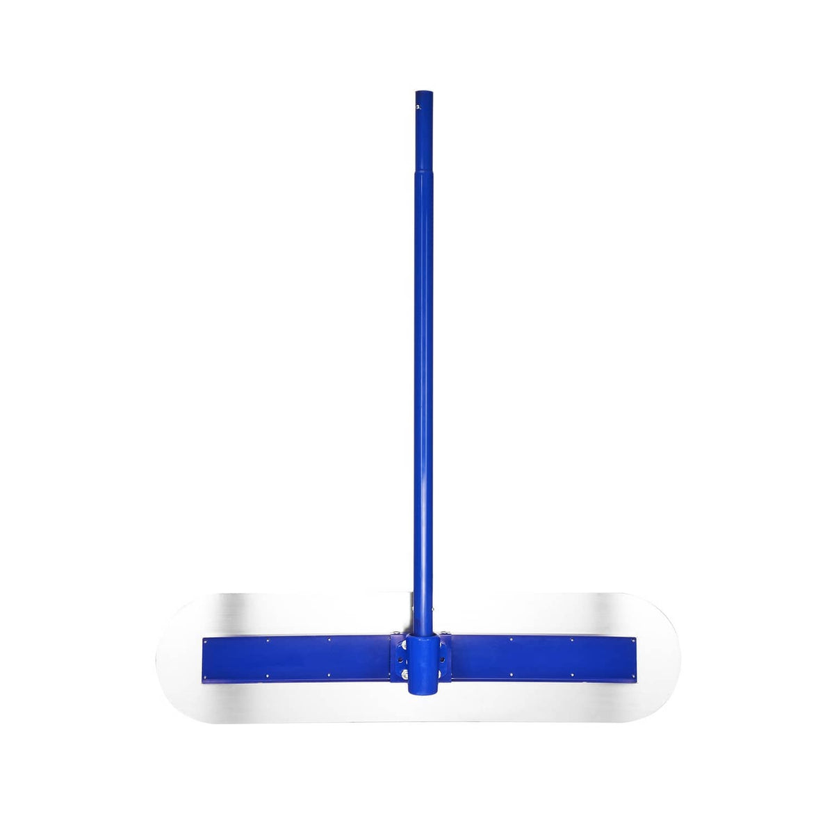 Concrete bull float with blue rounded float blade and central handle post
