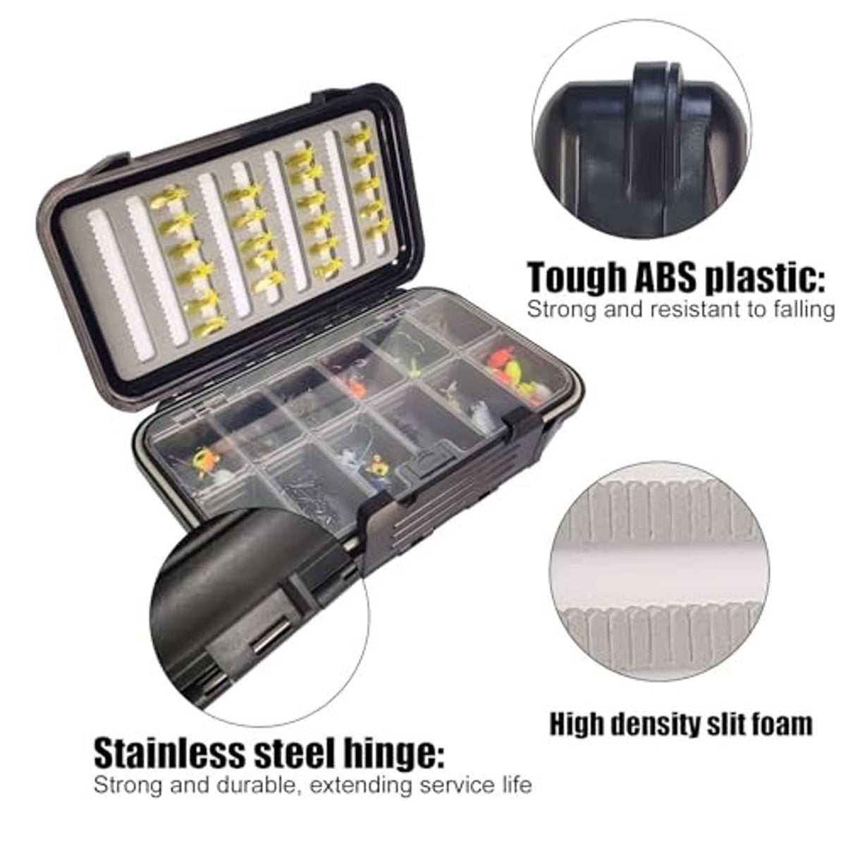 Open waterproof tackle box with slotted high-density foam and stainless steel hinge