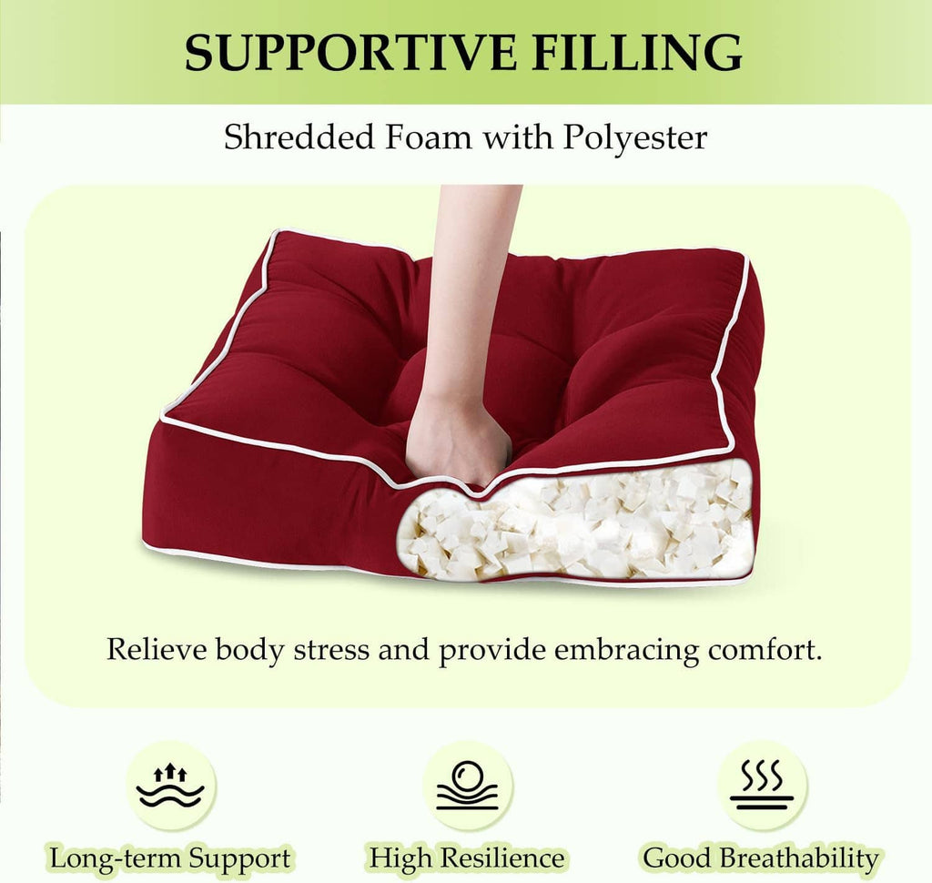 Red tufted chair cushion set of 2 with shredded-foam fill shown in cutaway