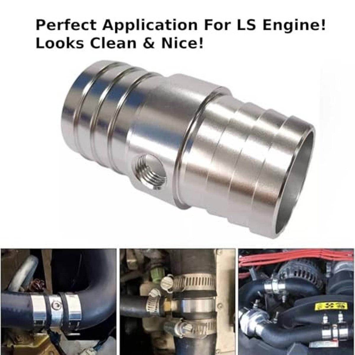 Angled stainless radiator hose connector with threaded 1/8 NPT port, silver